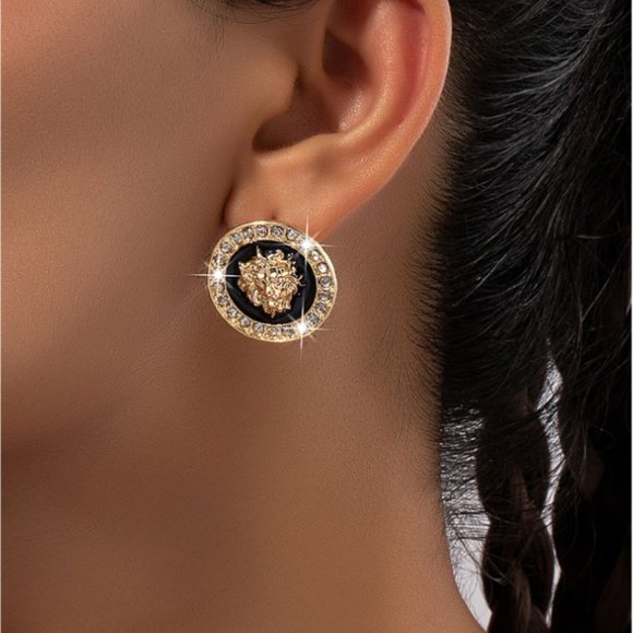 NWT Gold & Black Lion Head Rhinestone Chain Link Choker Necklace & Earrings Set - Picture 3 of 6